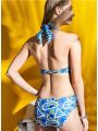 Geometric Print Neckband With Steel Support Split-type Gathering Swimsuit