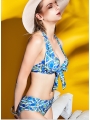 Geometric Print Neckband With Steel Support Split-type Gathering Swimsuit