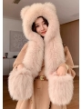 Lovely Bear-Styled Hat and Scarf Combo with Fox Fur, A Furry Snow Cap, Warm Pocketed Scarf-Shawl with A Hood