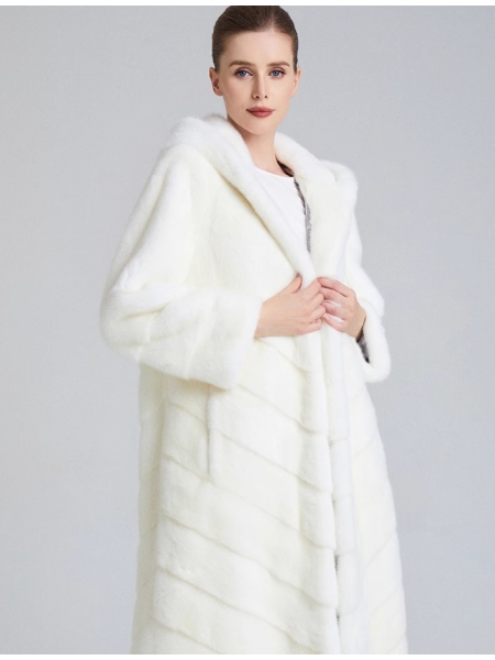 Pure White Mink Fur Coat for Women, Long Style with Hood, Imported Full Vison
