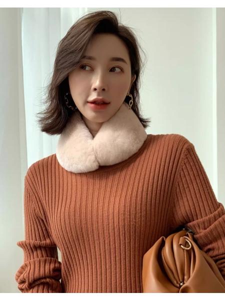 Soft Whole-Skin Rex Rabbit Fur Scarf, Rabbit Fur Grass, Warm Fur Collar Neck Warmer with Magnetic Snap Closure