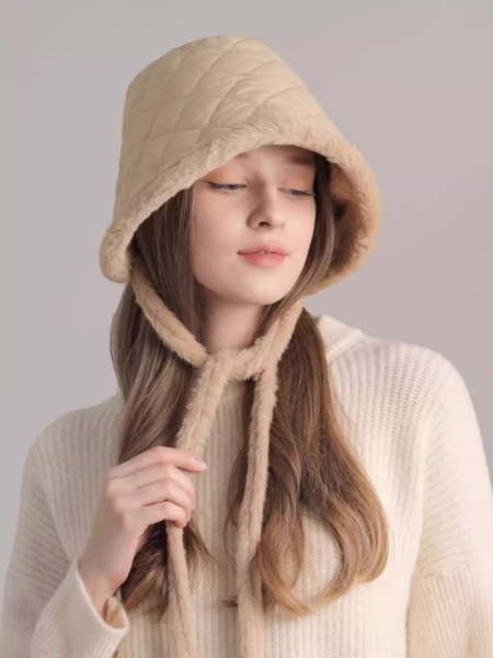 Bucket Hat With Warm Fleece-Lined Ear Protectors And Ties