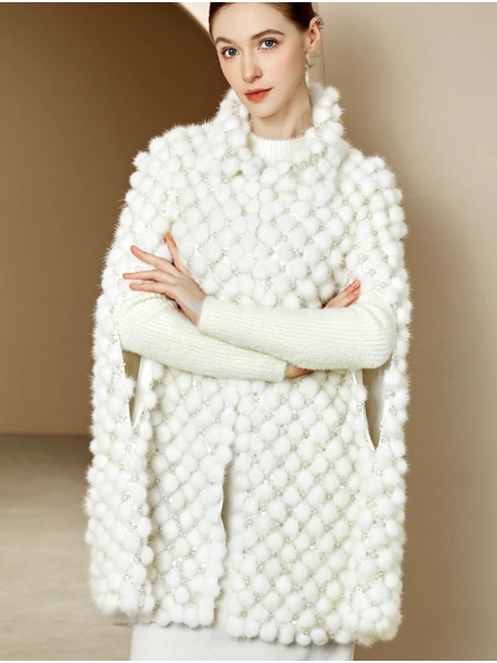 Medium-Long Mink Coat, Otter Fur Pompom Cloak