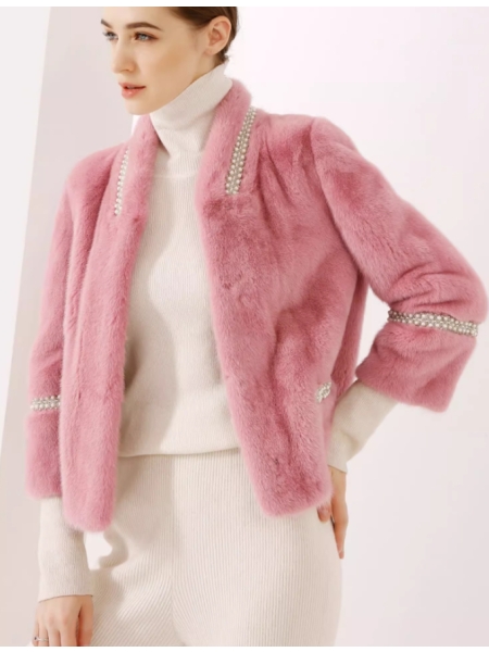 Pink Chanel-Style Mink Fur Jacket, Sort Colorful Fur Coat