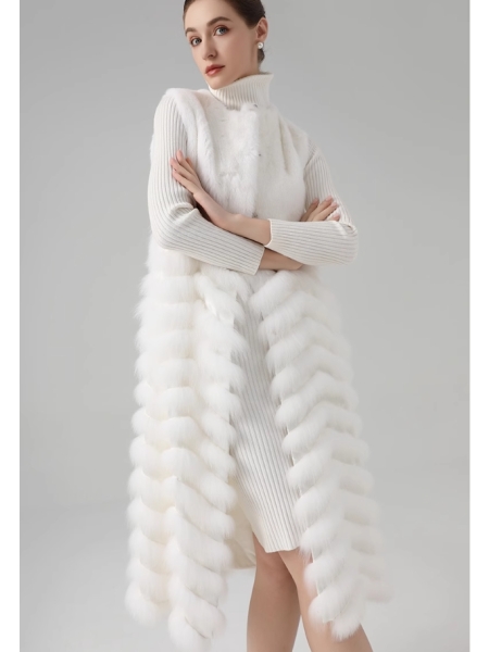 White Mink Vest, Medium-Long Fox Fur Coat