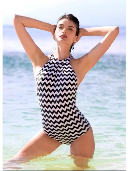 Black and White Striped Vintage Hanging Neck Backless One-piece Swimsuit