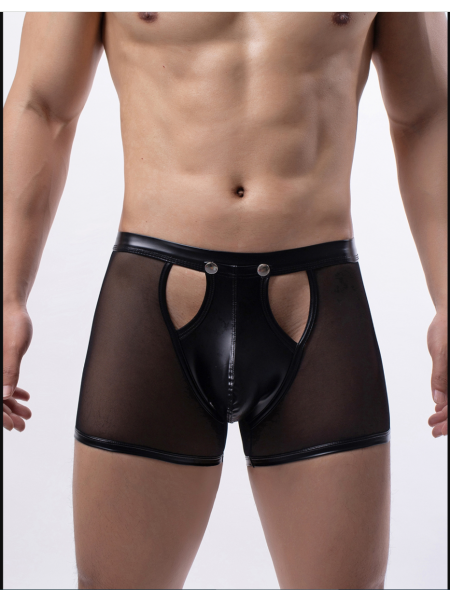 Sexy Mesh Openable Crotch Imitation Leather Men's Boxer Underwear