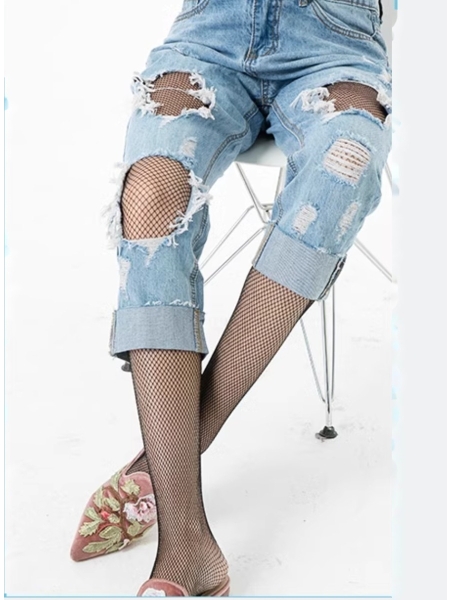With Ripped Jeans Fishing Net Stockings Pantyhose (3 pairs）