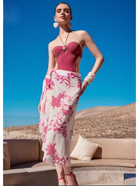 Dragon Fruit Neck Wrap Skirt Suit One-piece Swimsuit