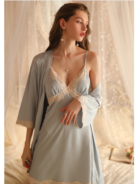 Lace-Trimmed Camisole, Crossover Backless, Side Split, Pajama Set