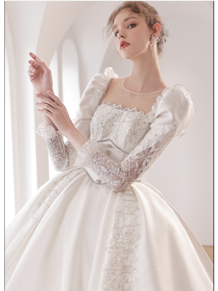 French Court Gauze Satin Long Sleeve  Wedding Dresses