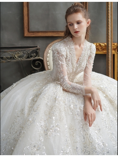Palace Long Sleeve Trailing Wedding Dresses,Sexy V-Neck Party Dresses
