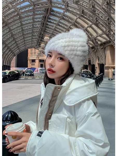 Mink Fur Earmuff Hat, Cross-Woven Fur Hat with Marten Fur, Fox Fur Pom-Pom, Warm Fur Coat