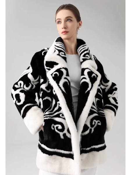 Black and White Embroidered Mink Fur, Imported Medium-Long Mink Coat