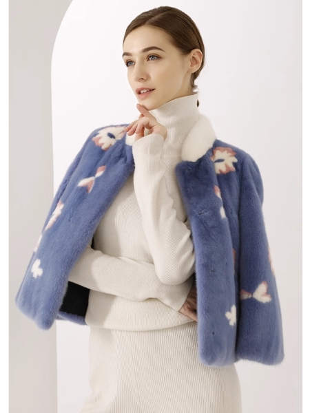 Vibrant Blue Flowers Mink Jacket - Stylish Printed Fashion Outerwear,Fashion Jacket
