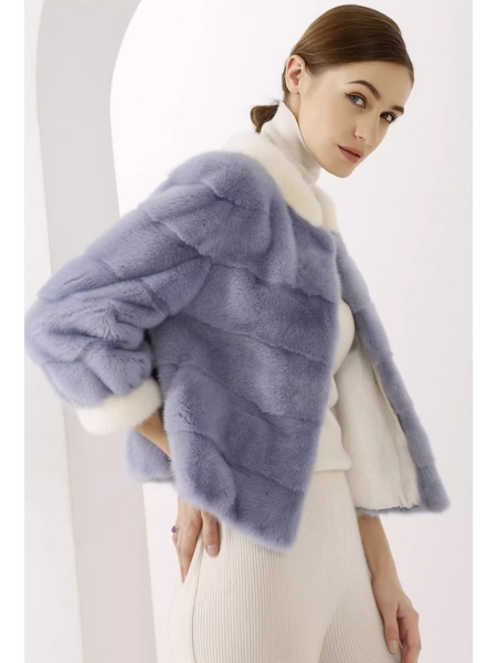 Blue White-Collar, Colorful Mink Jacket, Short Petite Fur Coat