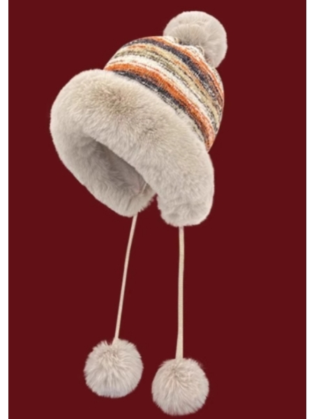 Color Gradient Striped Big Furry-Edged Style Earflap Hat