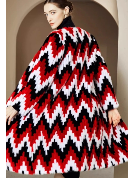 Ethnic-Style Contrast-Color Coat, Colorful Medium-Long Length Mink Fur Coat