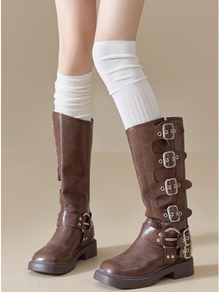 Knee-High Boots , Over-the-Knee Socks, Melange Calf Gathered, Cotton Thigh-Highs , Long Whites