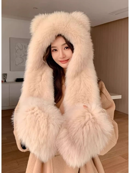 Lovely Bear-Styled Hat and Scarf Combo with Fox Fur, A Furry Snow Cap, Warm Pocketed Scarf-Shawl with A Hood