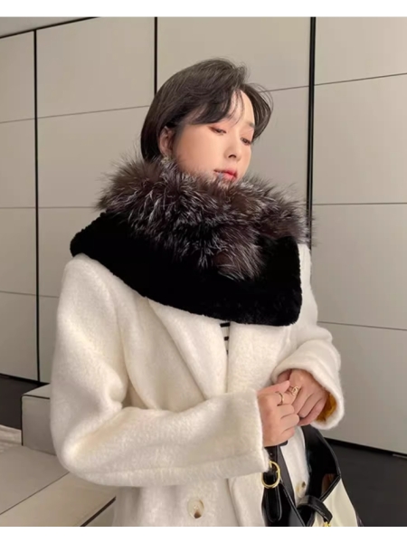 Elegant Silver Fox Fur Double-sided Mink Shawl , Vest with Authentic Fur Collar , Scarf
