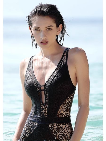 Deep V Sexy Lace Hollow Out Swimsuit,Backless Strappy One-piece Swimsuit